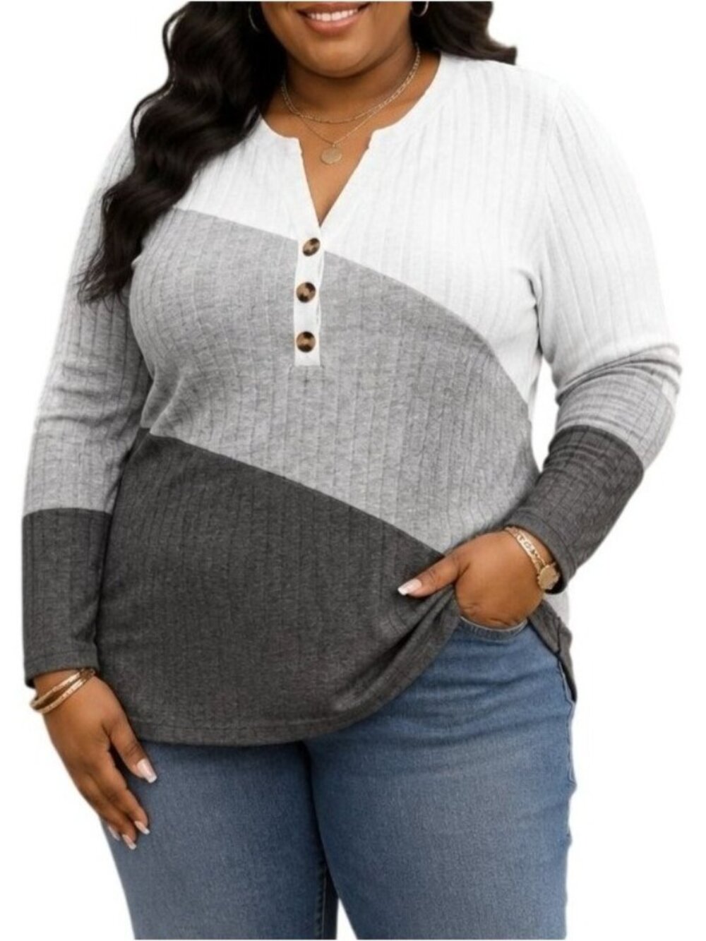 Ueal Size XL Sweater Henley Color Block White Gray V-Neck Button Long Sleeve